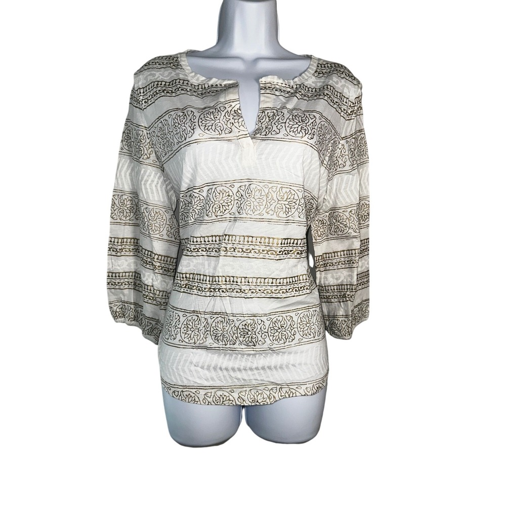 Lauren Ralph Lauren White Gold Metallic Floral Block Print Cotton‎ Tunic Top M